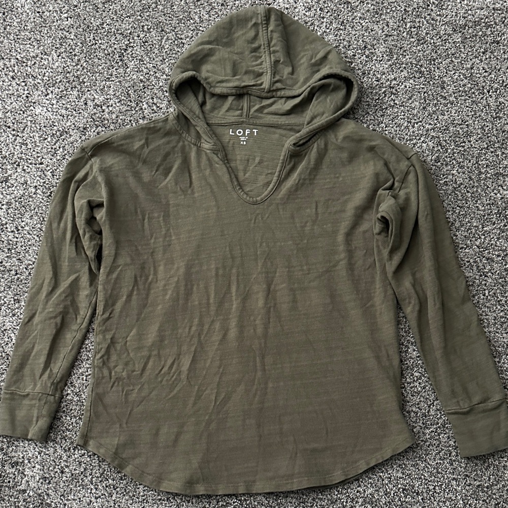 LOFT Olive Hooded V-Neck Pullover XS